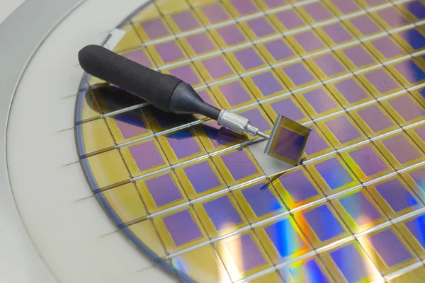 Silicon wafer with microchips, fixed in a holder with a steel frame on a gray background after the process of cutting into cubes. Microchip separation with tweezer in hand. Silicon Color silicon wafers with glare.