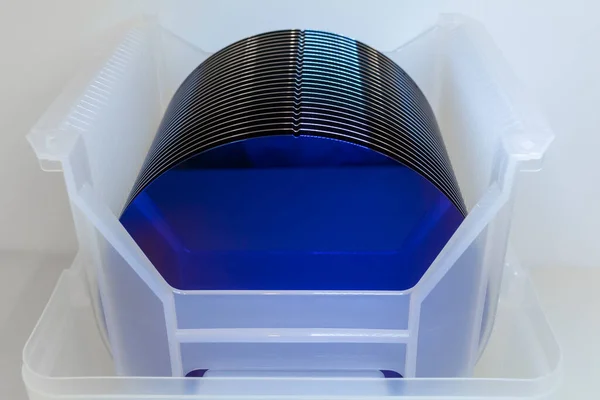 マイクロチップ製造のために調製されたプラスチックボックス内の空のシリコンウエハー紫色のストレージ — ストック写真