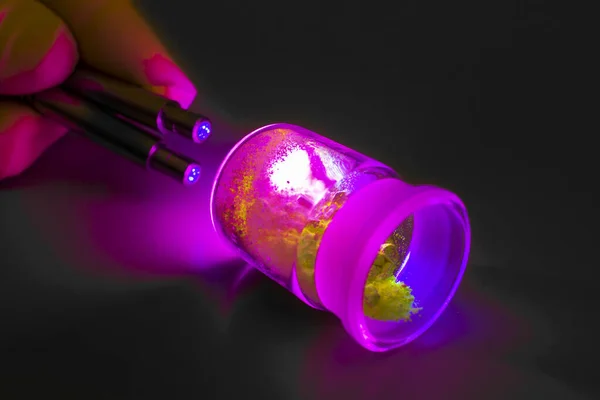 Photoluminescence chemical materials, called fluorescent. Powder glows in the dark under UV light radiation of different colors.