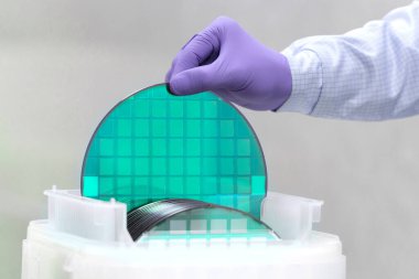 Plastik beyaz depolama kutusunda yarı iletkenli silikon gofretlerden biri temiz odada eldivenle mikroçipli gofret çıkarır..