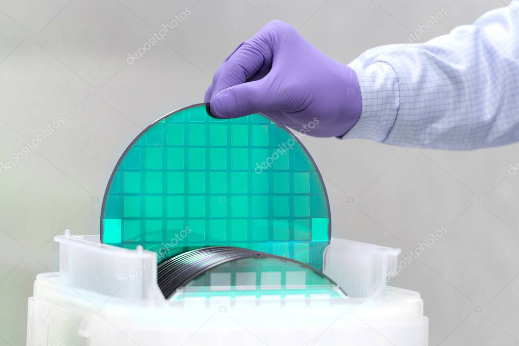 One of many silicon Wafer with semiconductors in plastic white storage box takes out by hand in gloves inside clean room..Wafer with microchips.Color silicon wafers with glare.