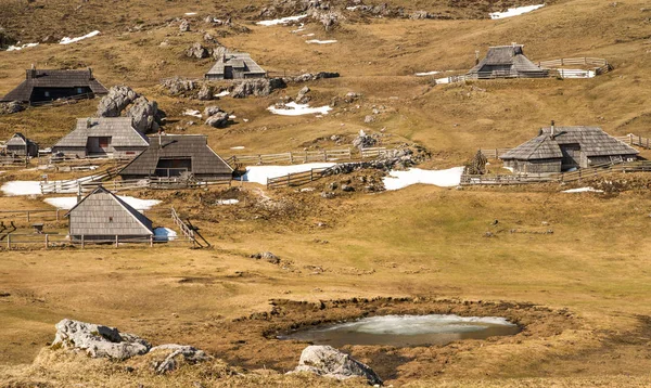 Tradiční dřevěné pastýře chaty na pastvině Velika Planina — Stock fotografie