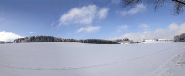 Hausen yakınlarındaki kırsal kesimde karla kaplı çayır lar ve ormanlar, Almanya