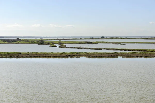 Vista Laguna Con Presas Tierra Verde Entre Agua Salada Disparada —  Fotos de Stock