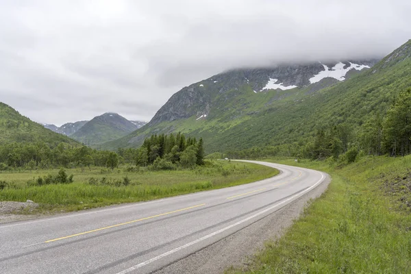 Flexión de la carretera en el paisaje verde, cerca de Lodingen, Noruega —  Fotos de Stock