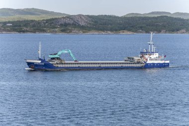 kargo gemisi ve fiyort kıyısı, Vedoya, Norveç yakınlarında.