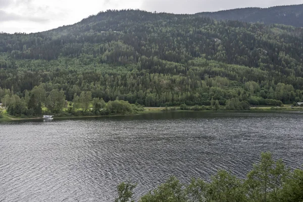 Wodnosamolot zacumowany w zielonej dolinie rzeki, niedaleko miejscowości Fla, Norwegia — Zdjęcie stockowe