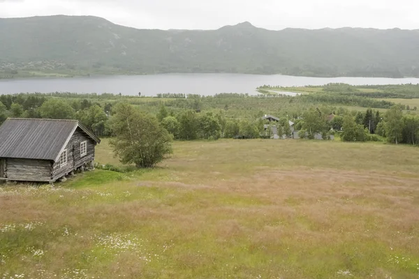Дом на зеленом склоне в сельской местности, недалеко от Фелло, Норвегия — стоковое фото
