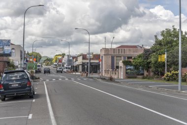 WOODVILLE, NEW ZEALAND - November 12 2019: cityscape with commercial buildings on main street of little village, shot in bright spring light on november 12 2019 at Woodville, East Coast, North Island, New Zealand