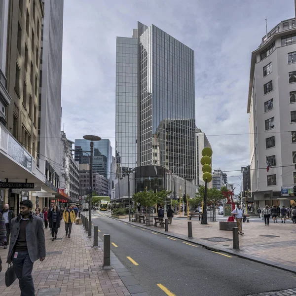 WELLINGTON, NEW ZEALAND - November 12 2019: cityscape with modern tall buildings on downtown streets, shot in bright spring light on november 12 2019 at Wellington, North Island, New Zealand