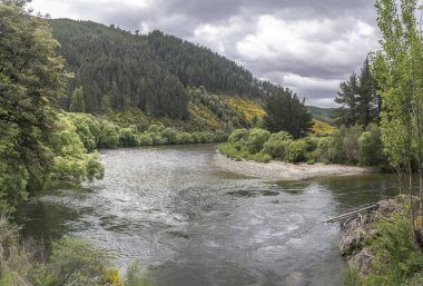 Yeşil vadideki nehir kıvrımlı manzara, Tapawera, Tasman, Güney Adası, Yeni Zelanda yakınlarındaki açık bahar bulutlu ışıkta çekildi.