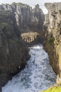 Kıyıdaki yıpranmış kayalıklar arasındaki dar körfez, Pancake Rocks Parkı, Punakaiki, Batı Yakası, Güney Adası, Yeni Zelanda 'da parlak bahar ışığı altında çekilmiş.