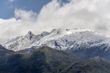 Albert Dağı 'ndaki bahar karlı manzara Sınır Deresi Sahili, Otago, Güney Adası, Yeni Zelanda' dan parlak bahar ışığı altında çekilmiştir.