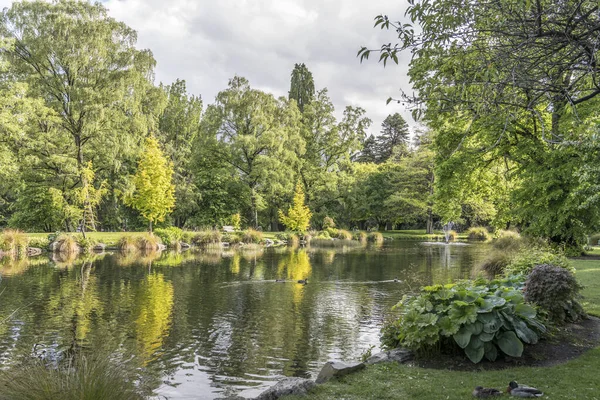 位于新西兰南岛奥塔戈皇后城的花园公园 绿树成荫的城市景观和池塘 在明亮的春光中拍摄 — 图库照片