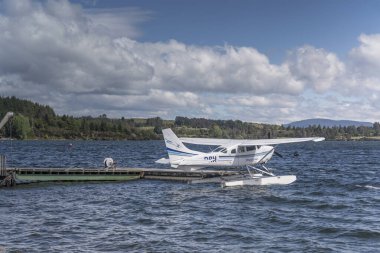 TE ANAU, NEW ZEALAND - 20 Kasım 2019: Turistik köyde deniz uçağı göl kıyısında yüzüyor, 20 Kasım 2019 'da Te Anau, Güney Adası, Yeni Zelanda' da parlak bahar ışığı altında çekiliyor.