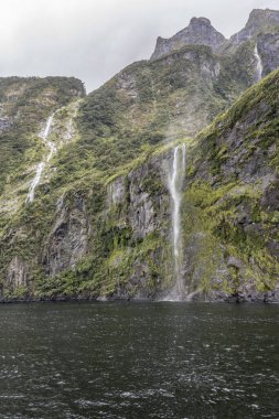 Yeşil sarp kayalıklarda şelaleli manzara fiyort kıyısında, bulutlu parlak ışıkta çekildi Milford Sound, Southland, Güney Adası, Yeni Zelanda