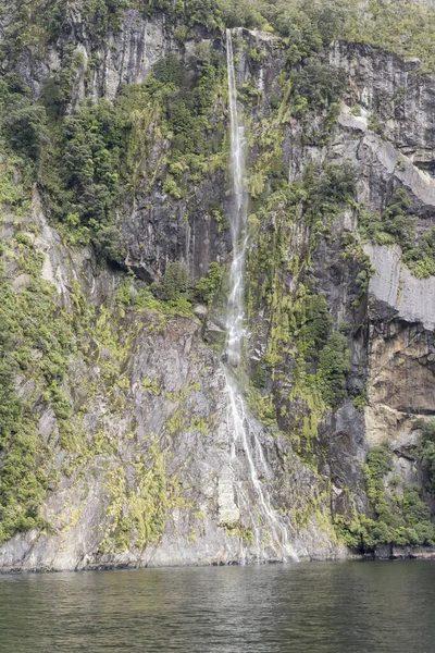 Krajina Vodopádem Vlhkými Skálami Bujnou Deštnou Vegetací Strmém Fjordovém Pobřeží — Stock fotografie