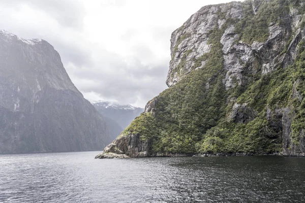 Landschaft Mit Grünem Steilhang Fjordufer Aufgenommen Bei Hellem Licht Milford — Stockfoto