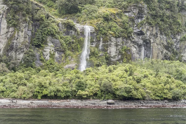 Krajina Vodopádem Hustým Deštným Pralesem Vegetace Fjordu Pobřeží Záběr Jasném — Stock fotografie