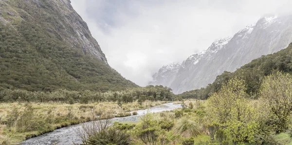 Landskap Med Floden Hollyford Bergsdal Låga Moln Nära Monkey Creek — Stockfoto