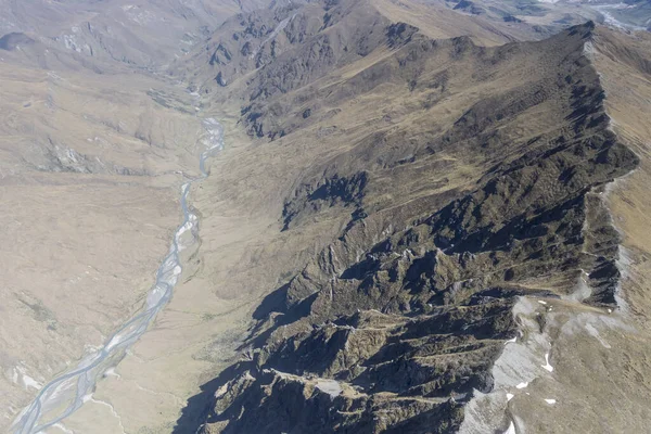 Aerial Glider Inhabited Valley Polnoon Burn River Barren Slopes Shot — Stock Photo, Image