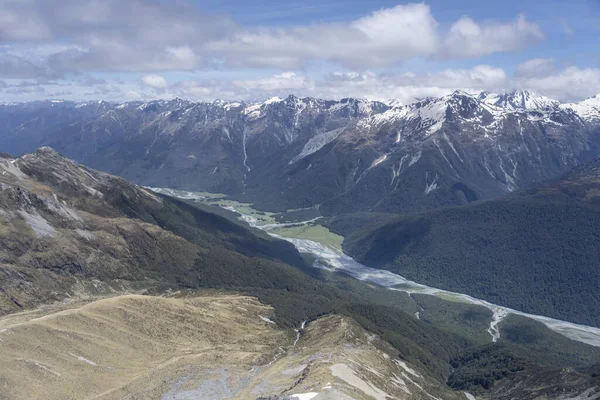 Aerial Glider Ahuriri River Mountain Valley Upper Part Shot Bright — Stock Photo, Image