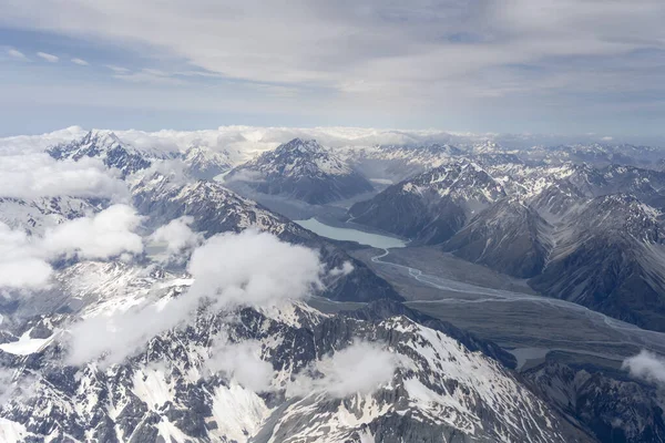 Aerial Glider Tasman Lake River Clouds Shot Bright Spring Light — Stock Photo, Image