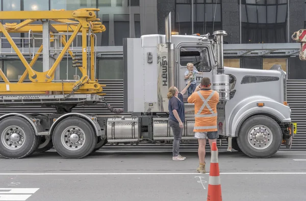 Christchurch New Zealand December 2019 Boy Plays Big Crane Truck — Stock Photo, Image
