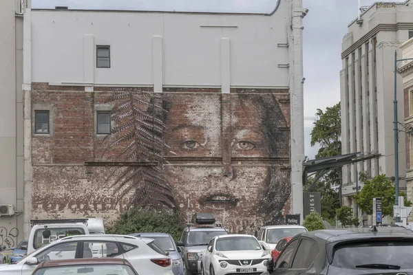 Christchurch New Zealand December 2019 Cityscape Mural Brick Wall Car — Stock Photo, Image