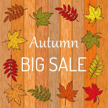 Sonbahar satış vektör poster ahşap arka plan üzerinde