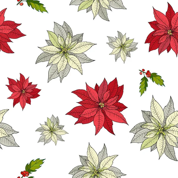 Modèle sans couture de Noël avec poinsettia rouge et blanc — Image vectorielle