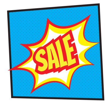 Satılık etiket pop sanat tarzı noktalı arka plan üzerinde