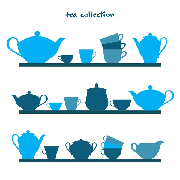Polcok és tea pots tea csészék — Stock Vector