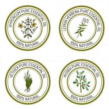 Dizi esans etiketleri hypericum, limon verbena, mür, ve