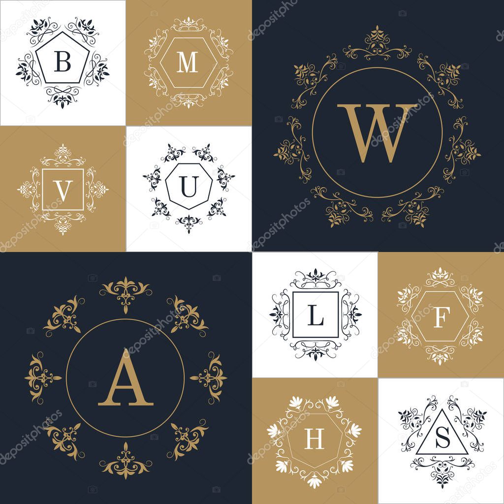 Set of elegant monogram design, decorative frames. Vector illustration.