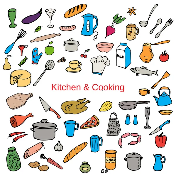 Food and kitchen color hand drawn icons set — Stock Vector