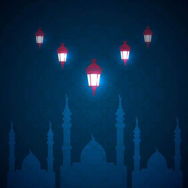 Carta de felicitações do Ramadã. Vista da mesquita no fundo da noite . — Vetor de Stock