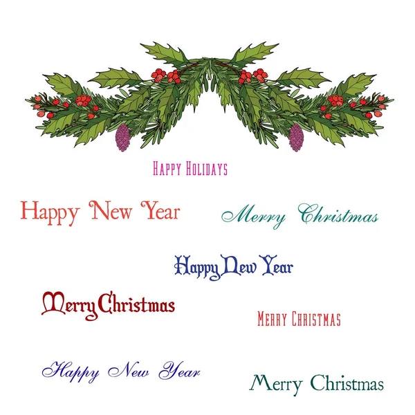 Vánoční dekorace s holly a smrk strom — Stockový vektor