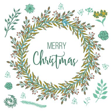 Yeni yıl ve Noel tebrik kartı, elle çizilmiş çiçek çelenk