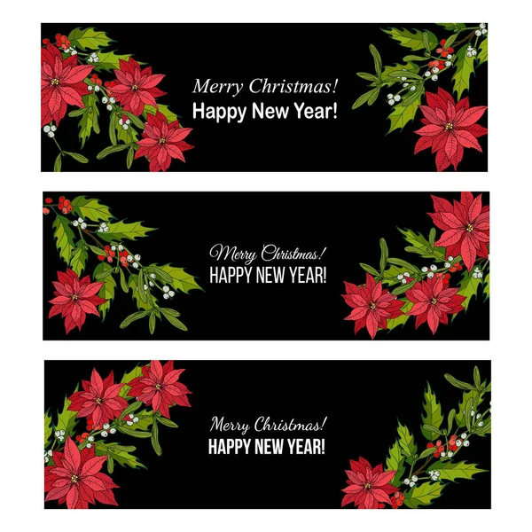 Holly, poinsettia and mistletoe. Christmas and New Year banners — Stock Vector