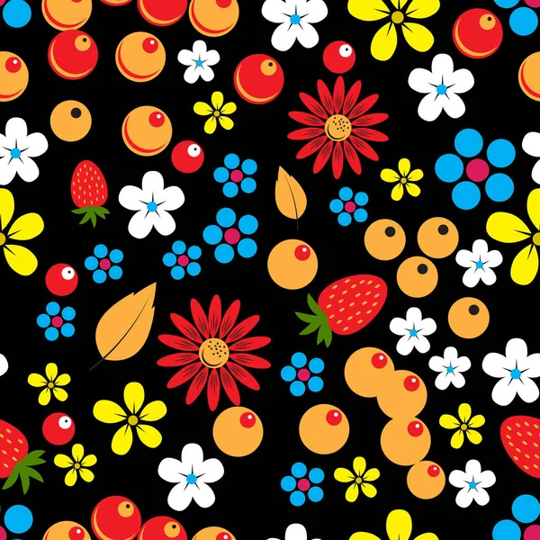 Abstraktes, nahtloses Muster mit Beeren, Blättern und Blüten — Stockvektor