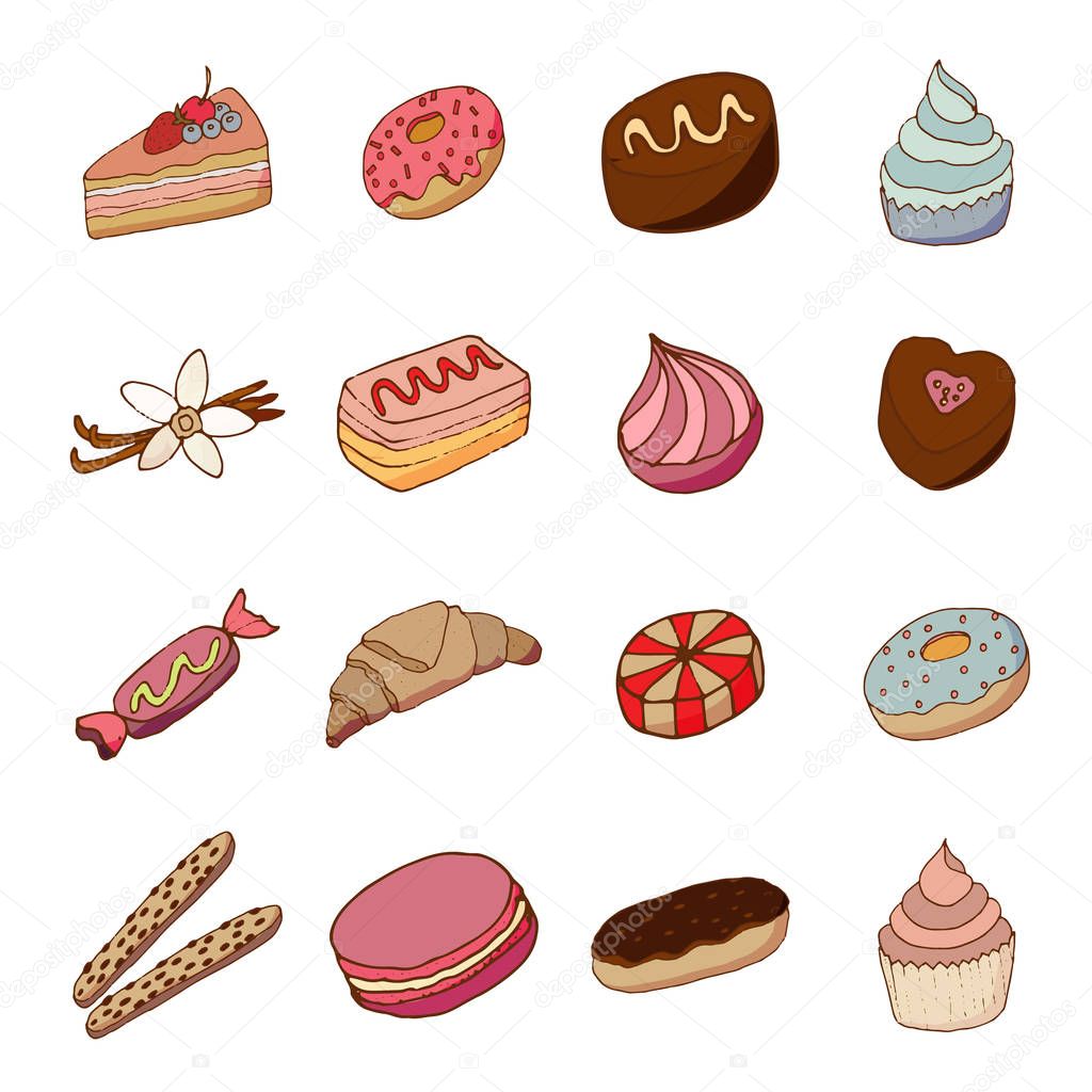 Cakes and dessert icons set. Vector illustration for bakery shop, pastry and patisserie or confectionery