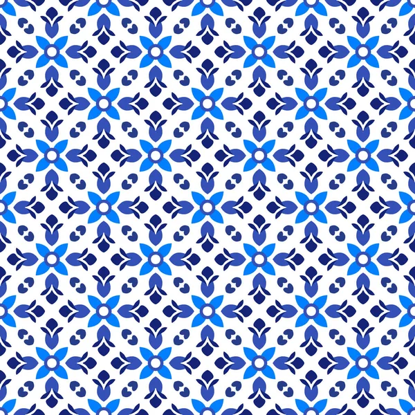 Azulejos portugis ubin ornamental tradisional, biru dan putih pola mulus - Stok Vektor