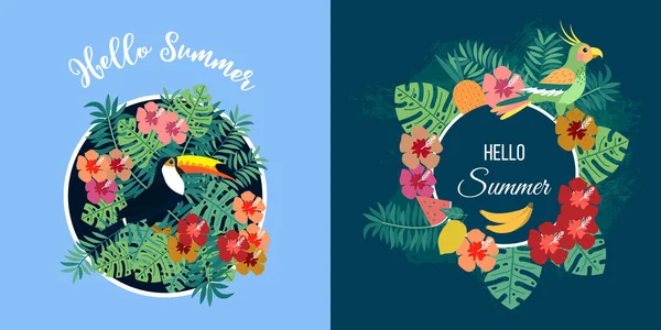 Dos tarjetas de verano con aves tropicales sobre fondo floral — Vector de stock