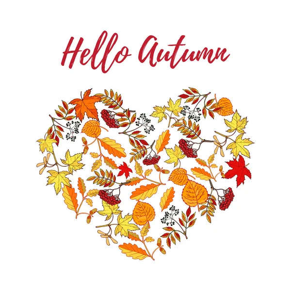 Herbstkarte mit handgezeichneten farbigen Herbstblättern — Stockvektor