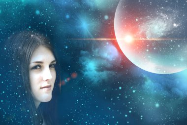 bir galaksinin bir arka plan üzerinde güzel kız