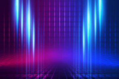 Boş arka plan sahnesi. Islak asfaltta karanlık sokak yansıması. Karanlıkta neon ışıkları, neon şekiller, duman. Boş bir sahne gösterisinin arka planı. Soyut koyu arkaplan.