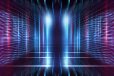 Boş arka plan sahnesi. Islak asfaltta karanlık sokak yansıması. Karanlıkta neon ışıkları, neon şekiller, duman. Boş bir sahne gösterisinin arka planı. Soyut koyu arkaplan.