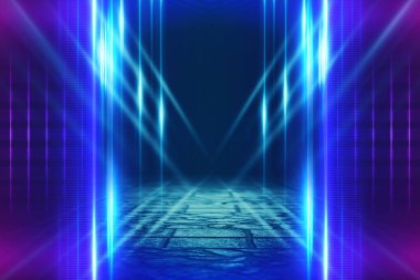 Boş arka plan sahnesi. Islak asfaltta karanlık sokak yansıması. Karanlıkta neon ışıkları, neon şekiller, duman. Boş bir sahne gösterisinin arka planı. Soyut koyu arkaplan.