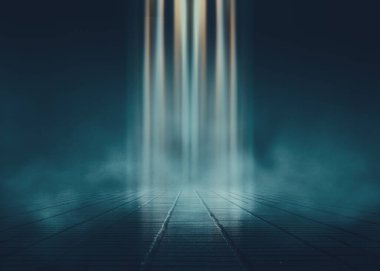 Boş arka plan sahnesi. Islak asfaltta karanlık sokak yansıması. Karanlıkta ışık huzmeleri, neon figürler, duman. Boş sahne gösterisinin arka planı. Soyut koyu arkaplan.